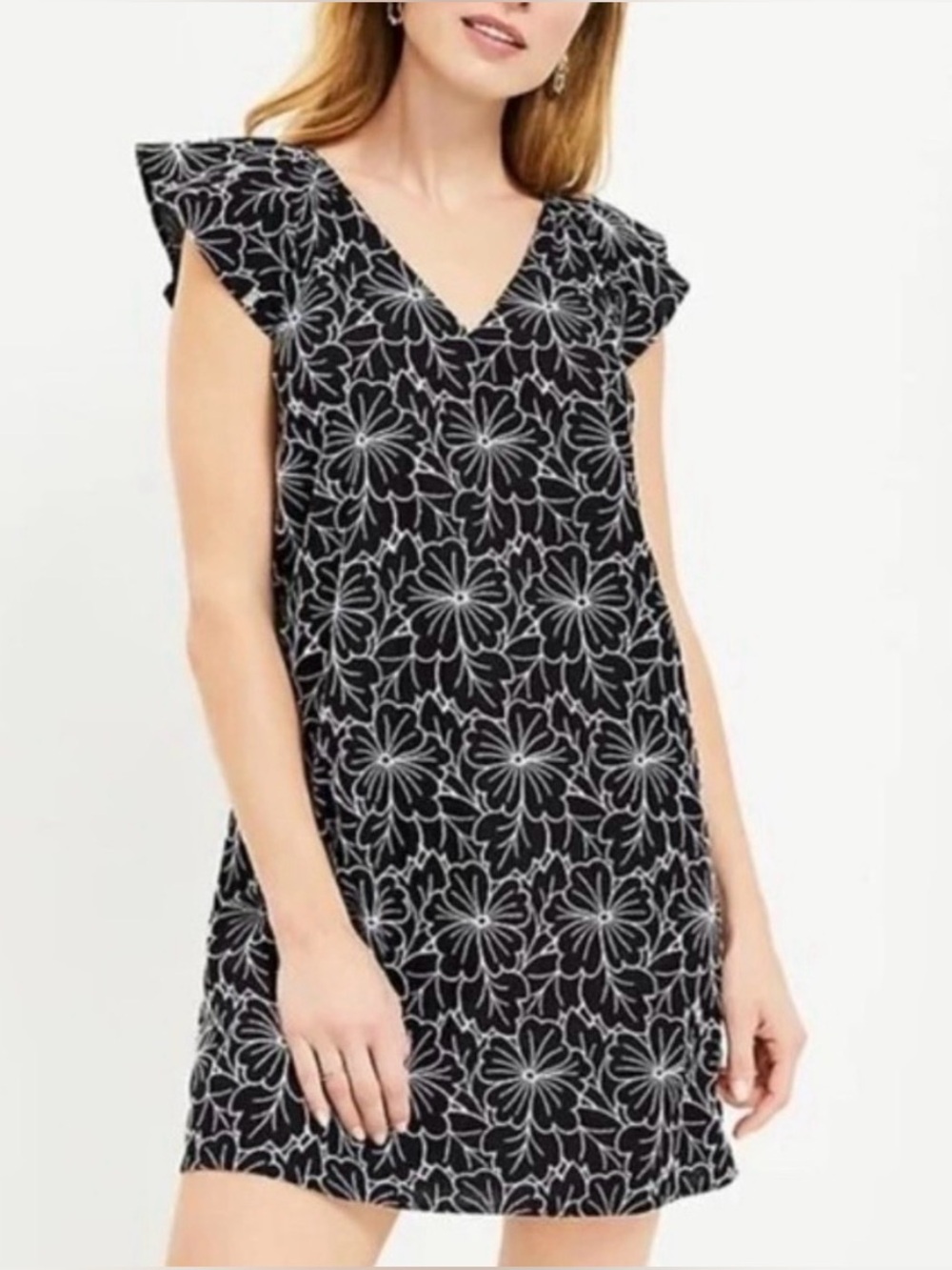 LOFT Black Dress with White Floral Outline